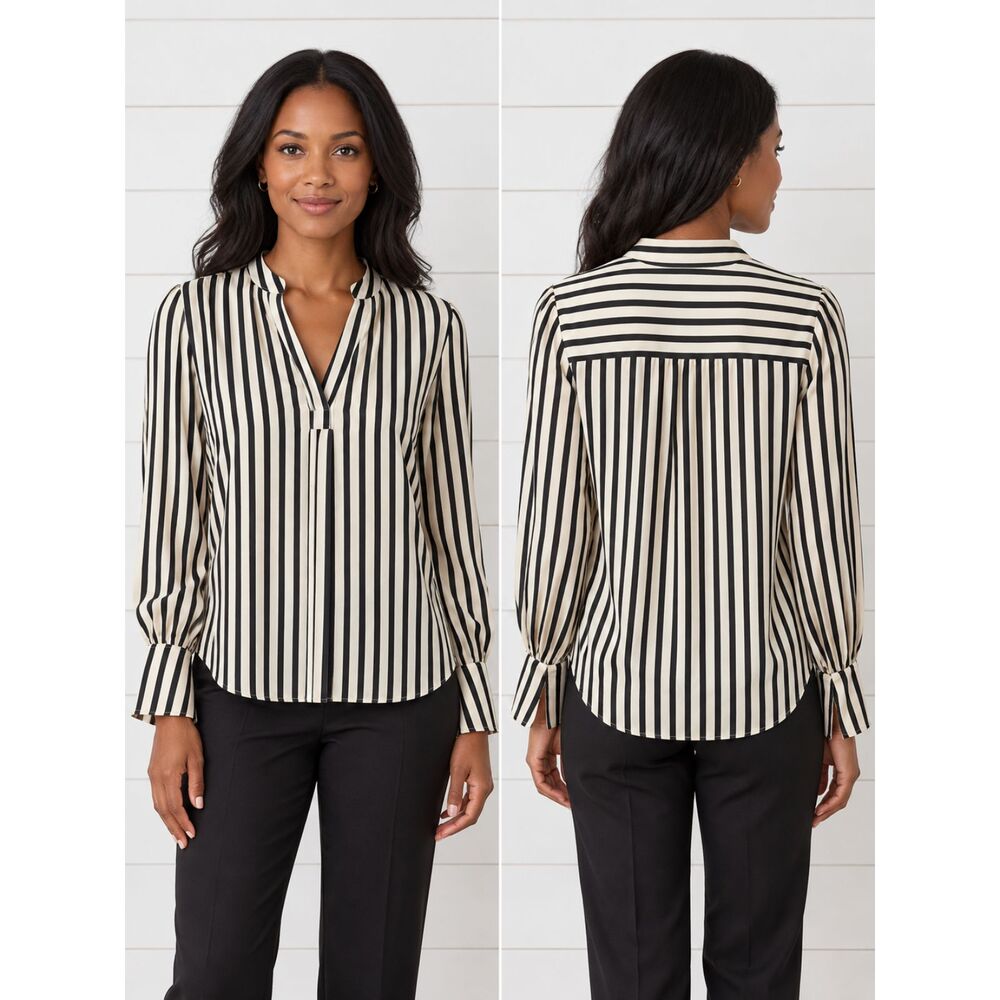 Banana Republic Black Cream Striped Popover Blouse Women’s M Long Sleeve